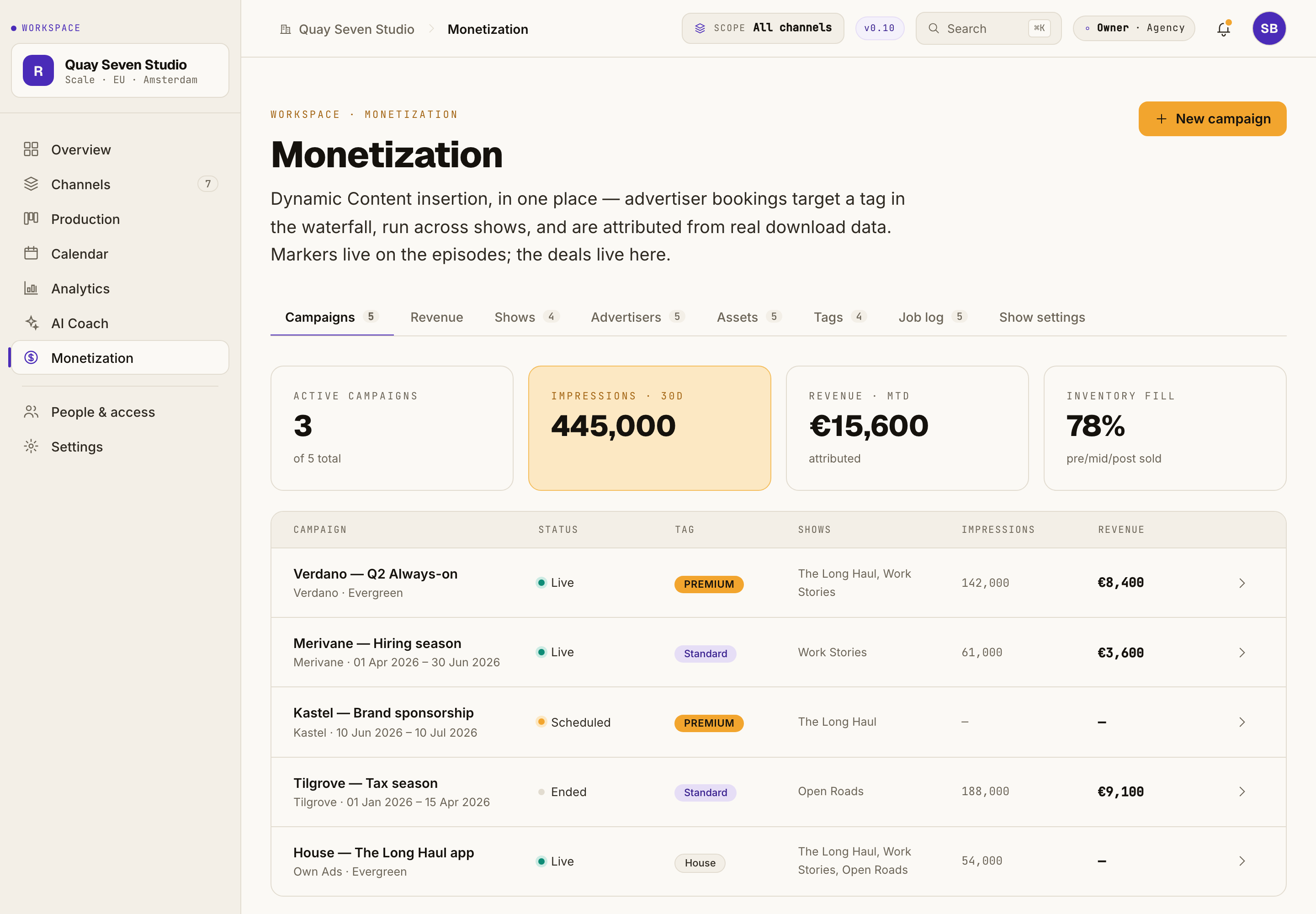 Springcast monetisation prototype with fictional example data.
