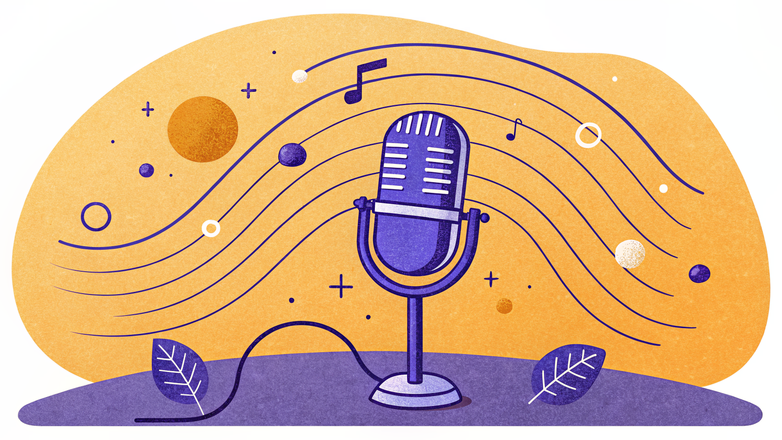 Illustration of a podcast microphone with sound waves and music notes radiating outward, one recording becoming many pieces of content