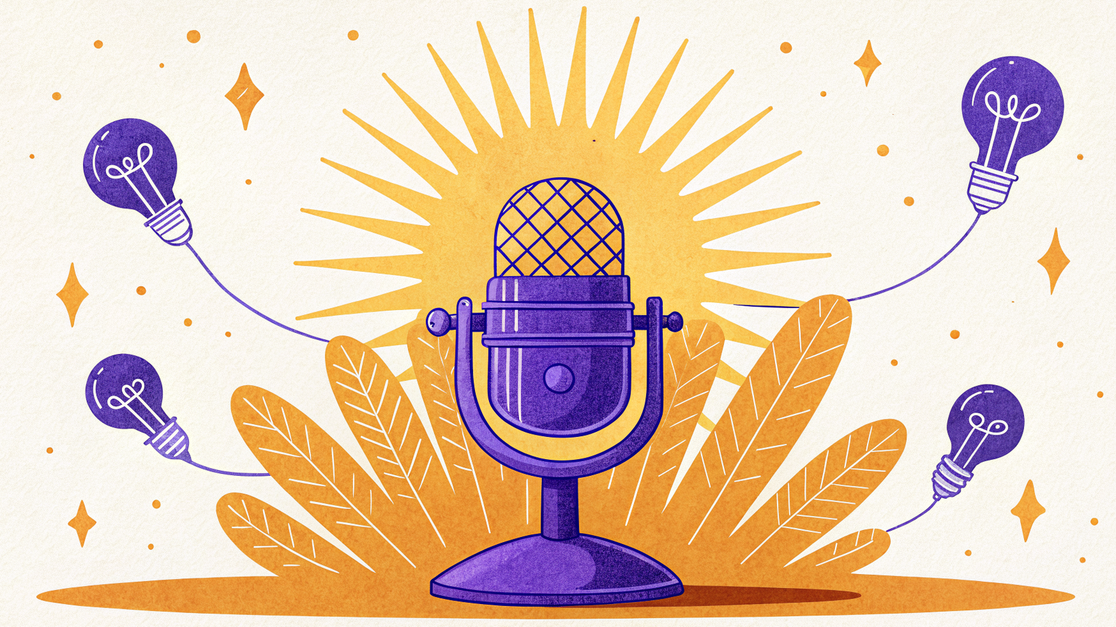 Illustration of a podcast microphone surrounded by glowing lightbulbs and a burst of light, representing fresh business podcast ideas