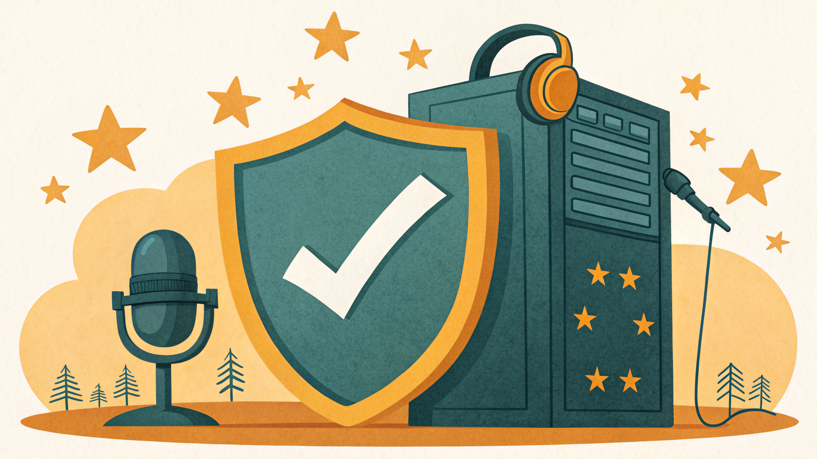 Illustration of a shield with a checkmark guarding a server, ringed by stars, representing GDPR-compliant EU podcast hosting for regulated industries