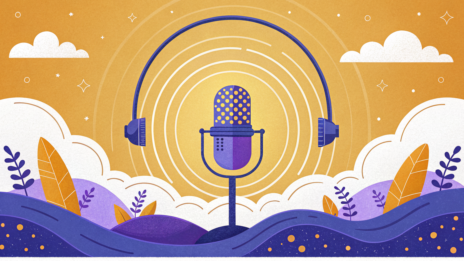 Illustration of a podcast microphone with headphones and expanding rings of reach, representing growing toward your first thousand listeners