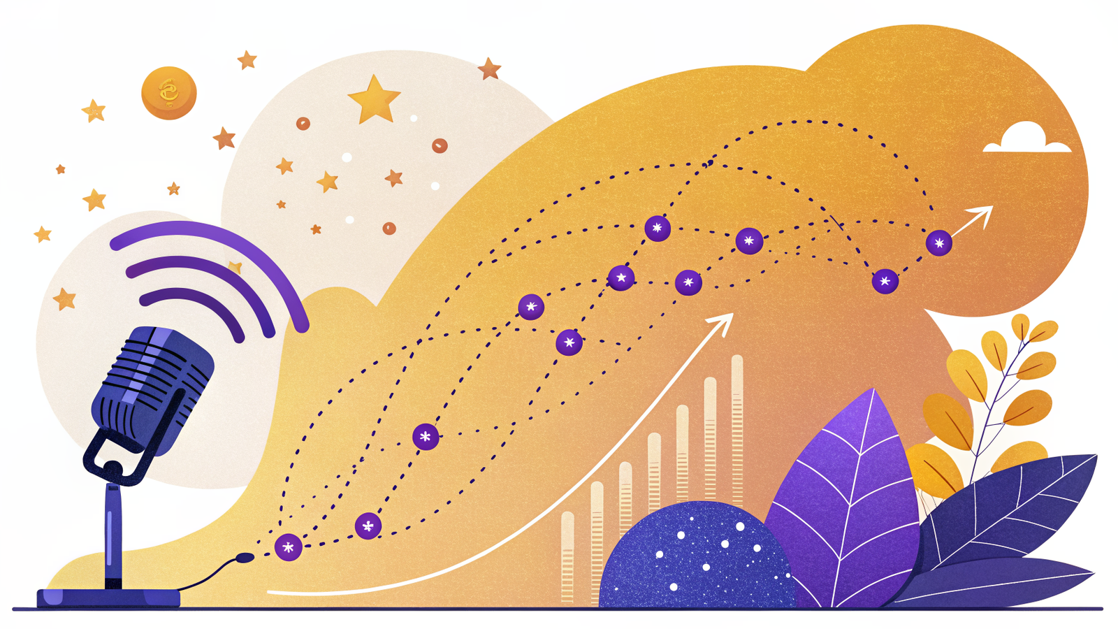 Illustration of a podcast microphone with an upward trajectory of multiplying dots and a rising arrow, representing scaling a podcast audience many times over