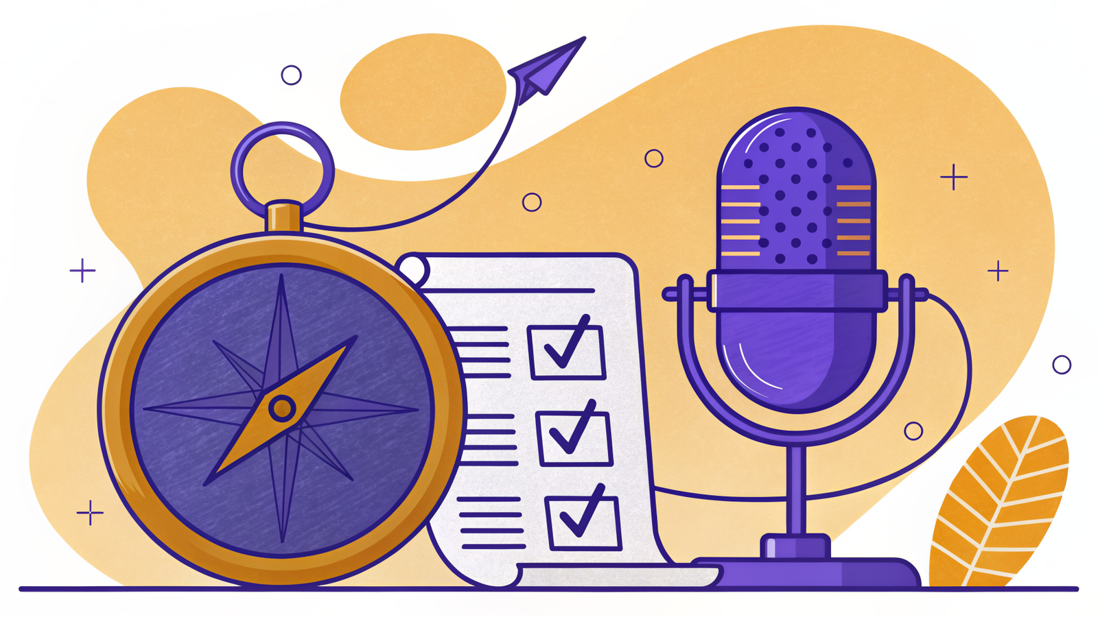 Illustration of a podcast microphone beside a compass and a checklist, representing choosing the right podcast host by the criteria that matter