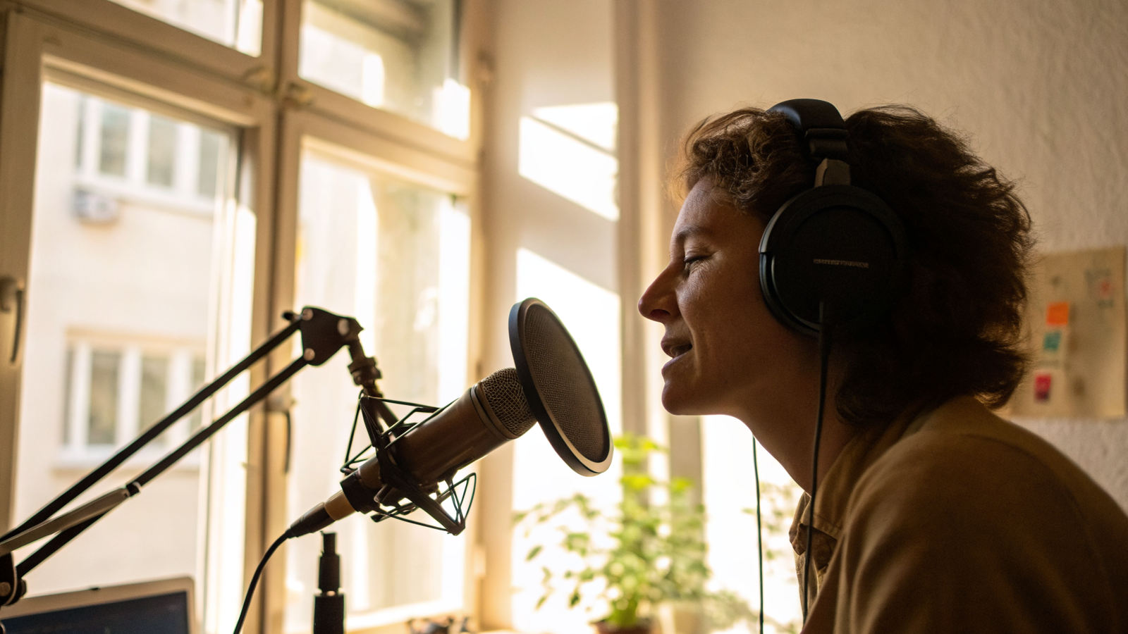 Photo of a person speaking into a podcast microphone in a bright home studio, recording their first episode