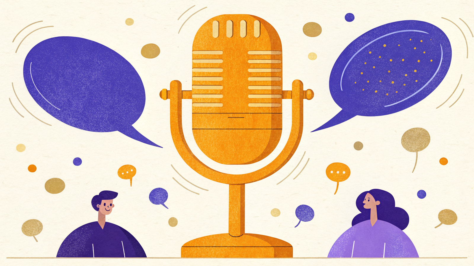 Illustration of a podcast microphone between two people in conversation with speech bubbles, representing different podcast formats like solo, interview and panel