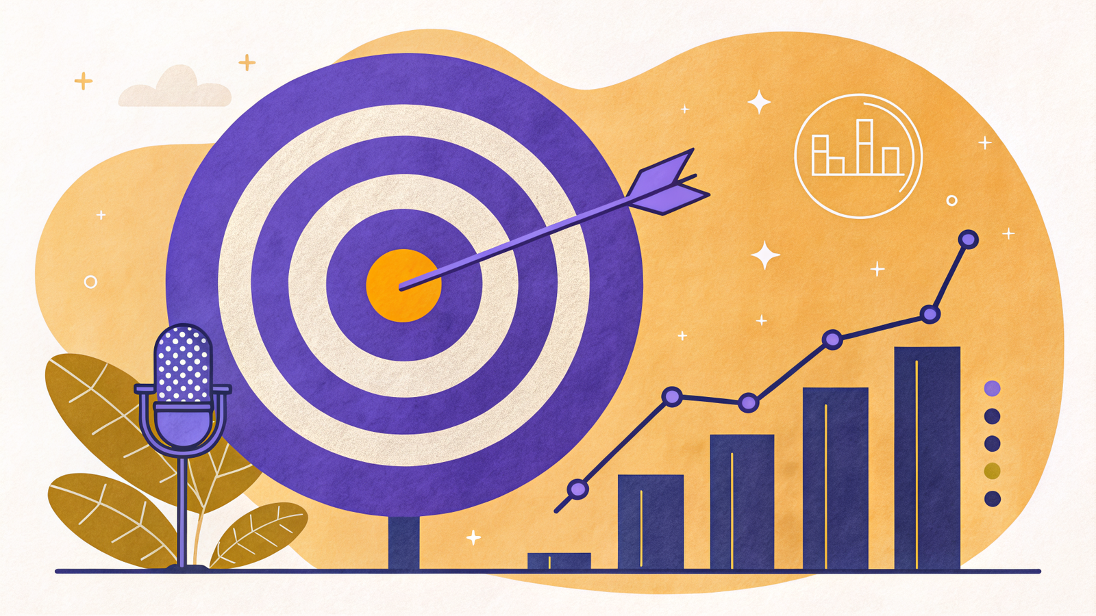 Illustration of a podcast dashboard where each metric line connects to a business goal icon, showing podcast KPIs mapped to awareness, engagement and conversion