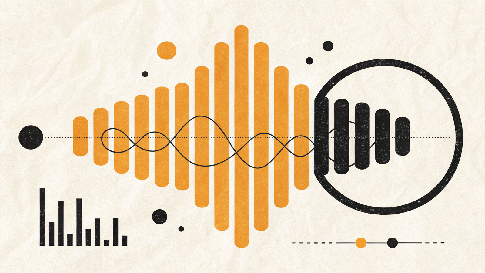Flat geometric illustration of podcast audio waveform bars with one ad slot highlighted, representing a self-serve podcast ad campaign with a set CPM and budget cap