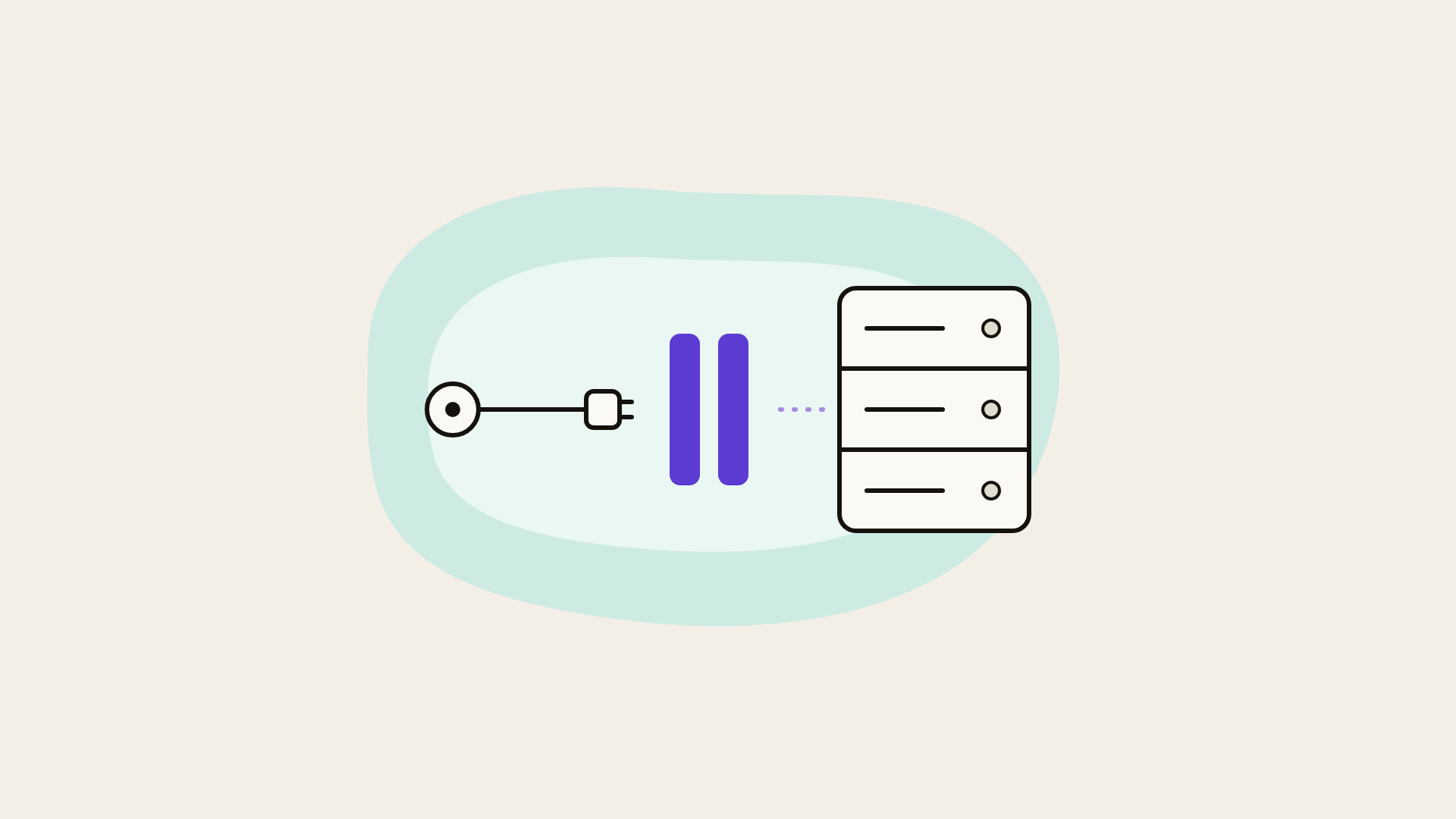 Illustration of an interrupted connection to a server with a pause symbol, as a metaphor for going offline as a precaution.