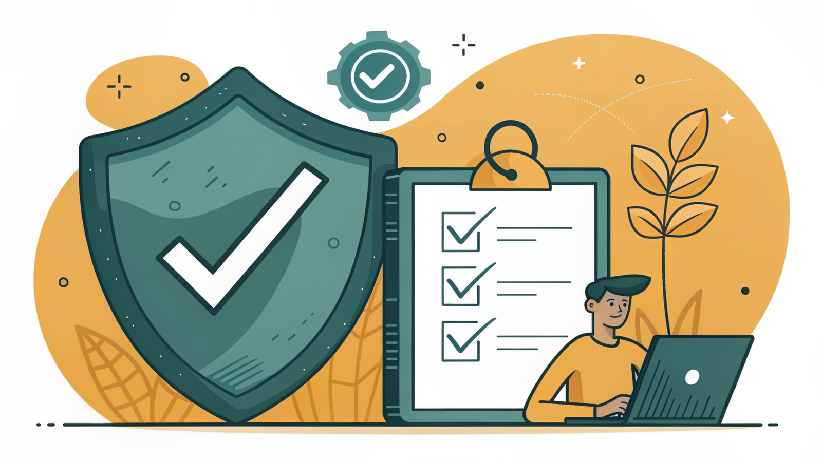 Illustration of a vendor security review checklist for podcast tools, with a clipboard of checked items guarded by a shield ringed by EU stars